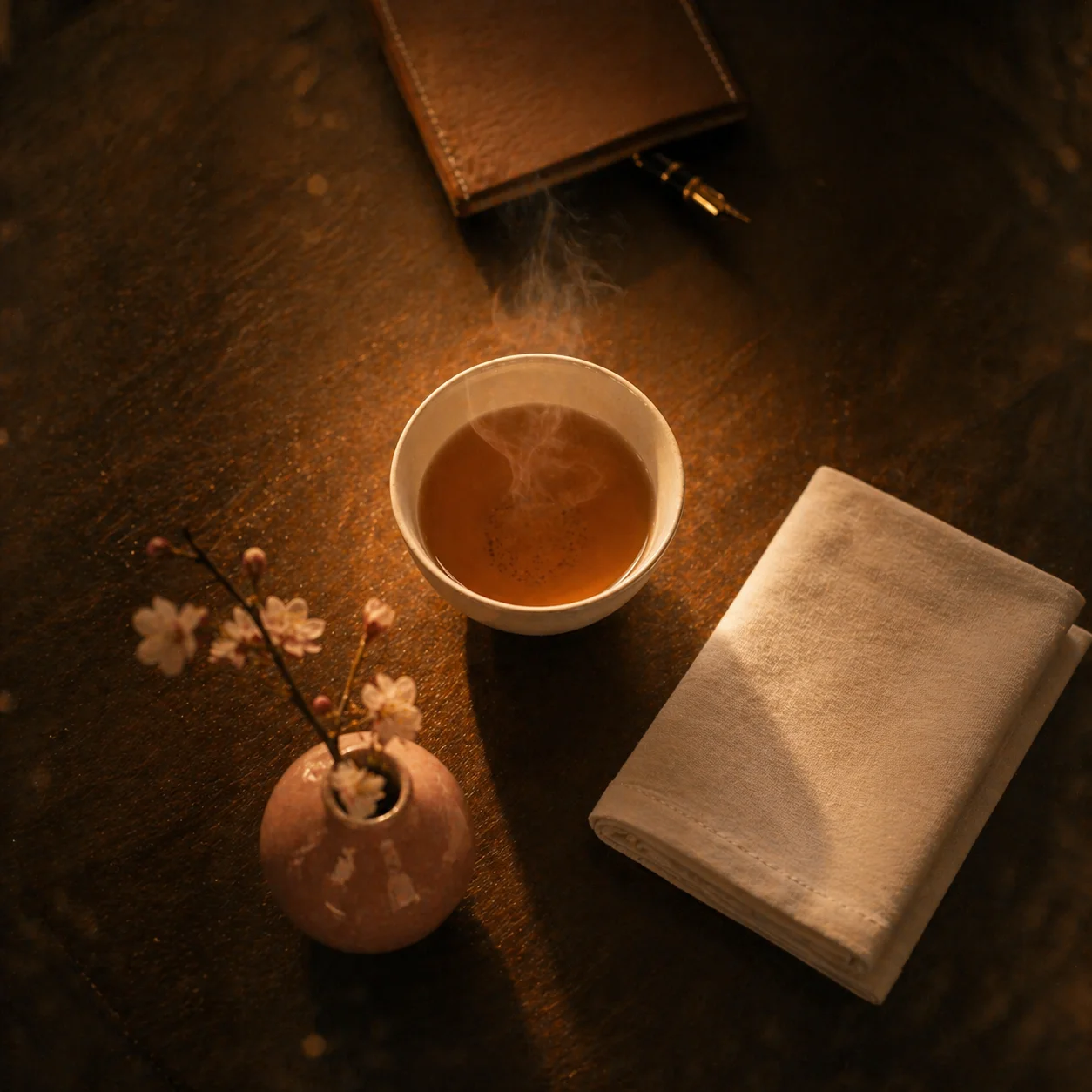 木のテーブルに置かれた湯気の立つ茶碗とノート