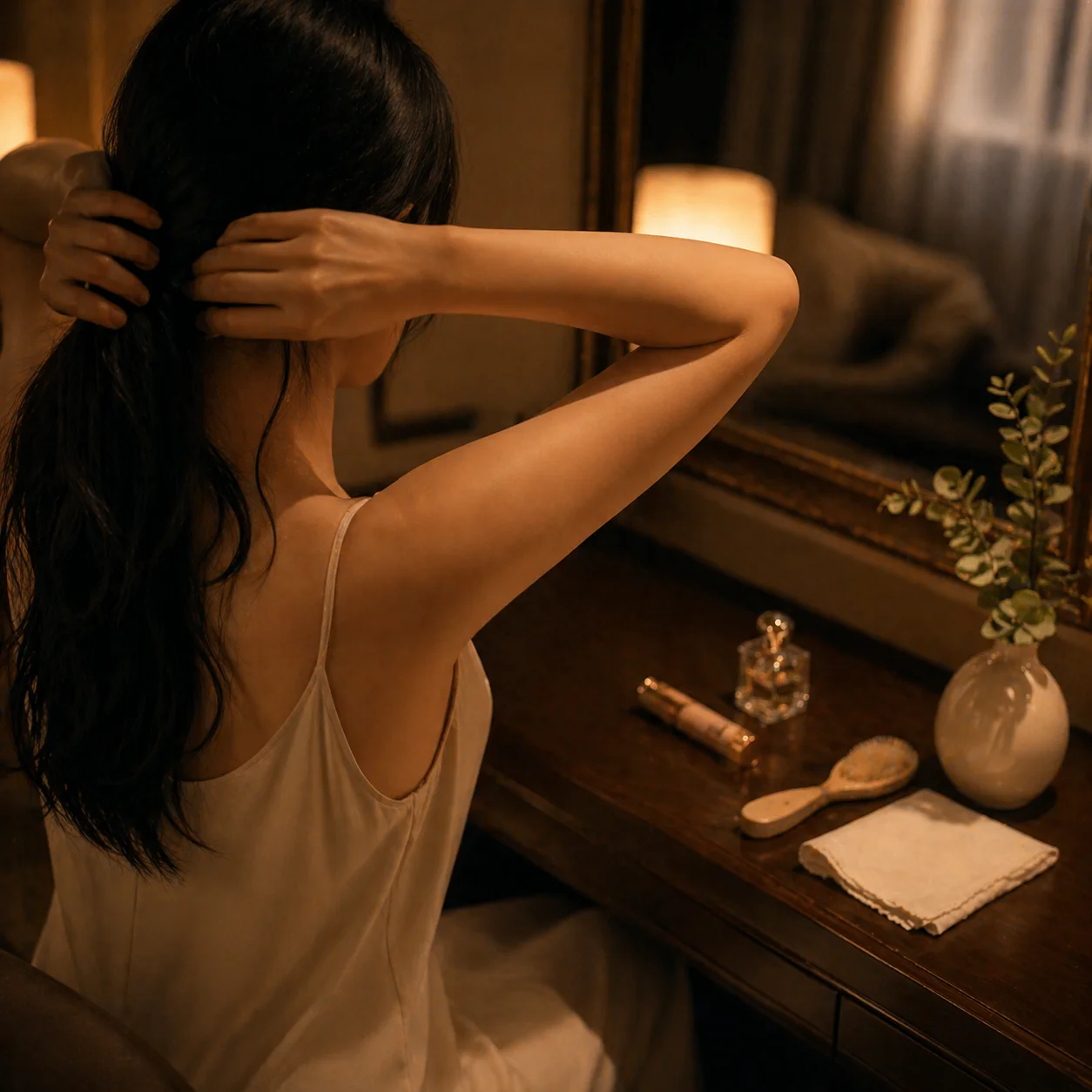 鏡台で長い黒髪を結ぼうとする女性の後ろ姿