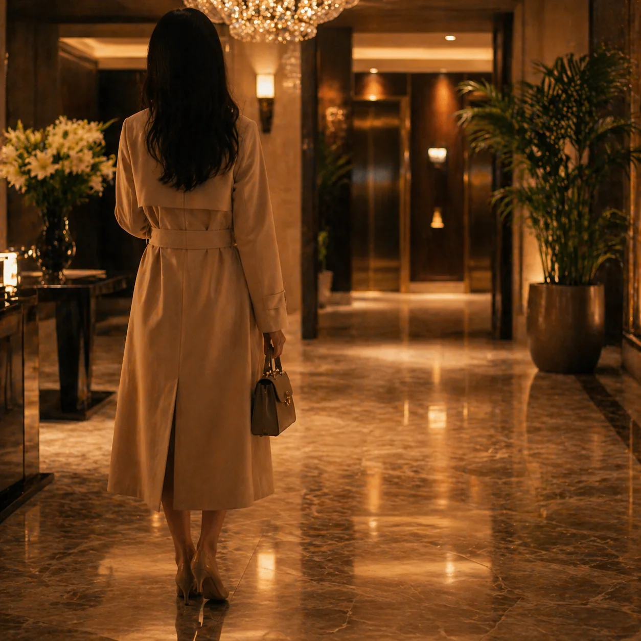 ラグジュアリーなホテルロビーを歩く女性の後ろ姿