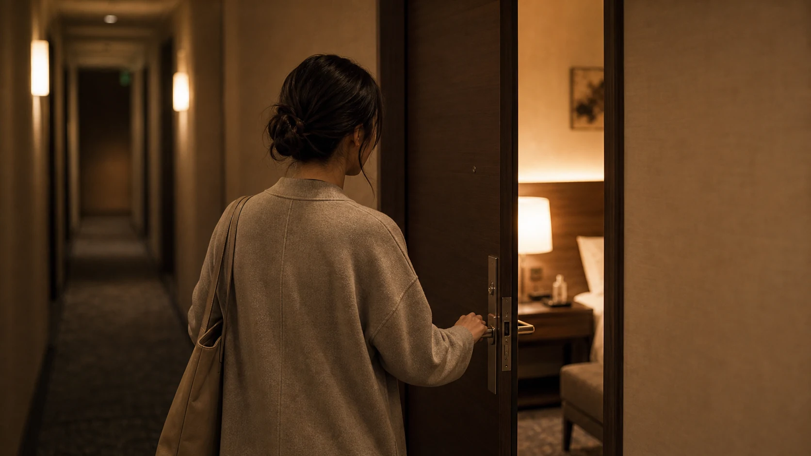 ホテルのドアをそっと開ける女性の後ろ姿