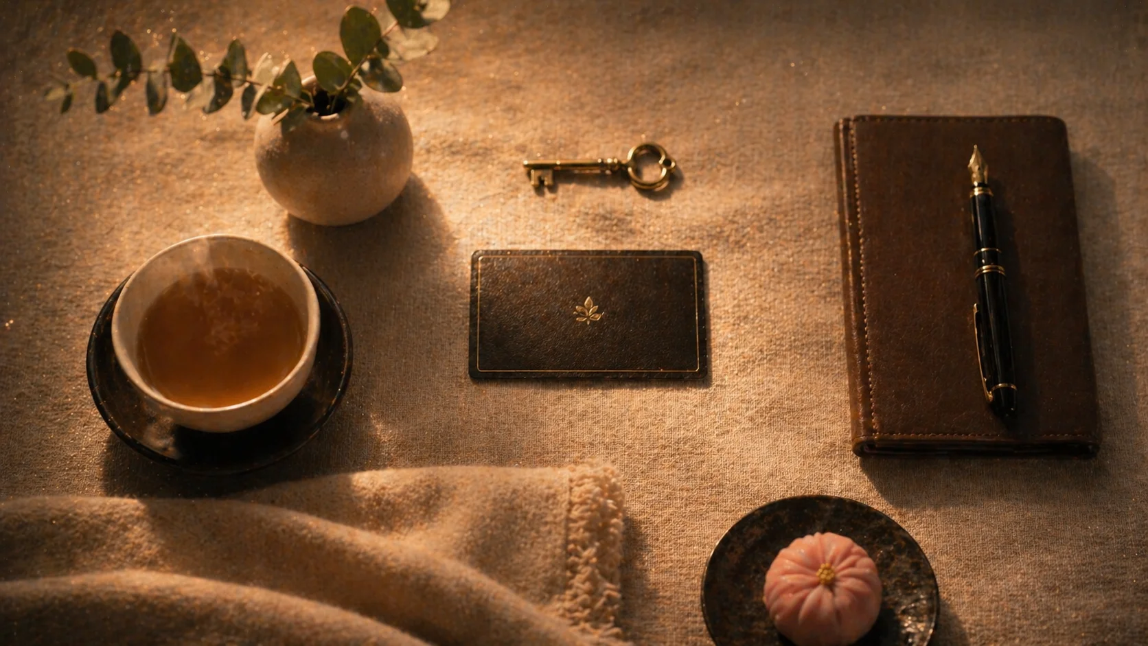 ベージュのリネンに並ぶ会員カード・鍵・お茶などのプレミアムな小物