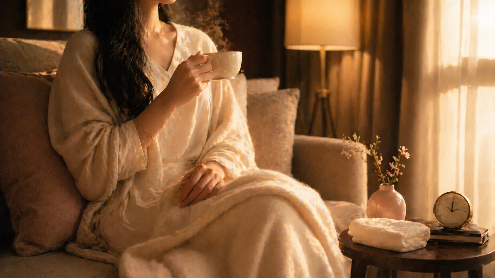 ソファでお茶を片手にくつろぐ女性、軽やかな60分コースの雰囲気