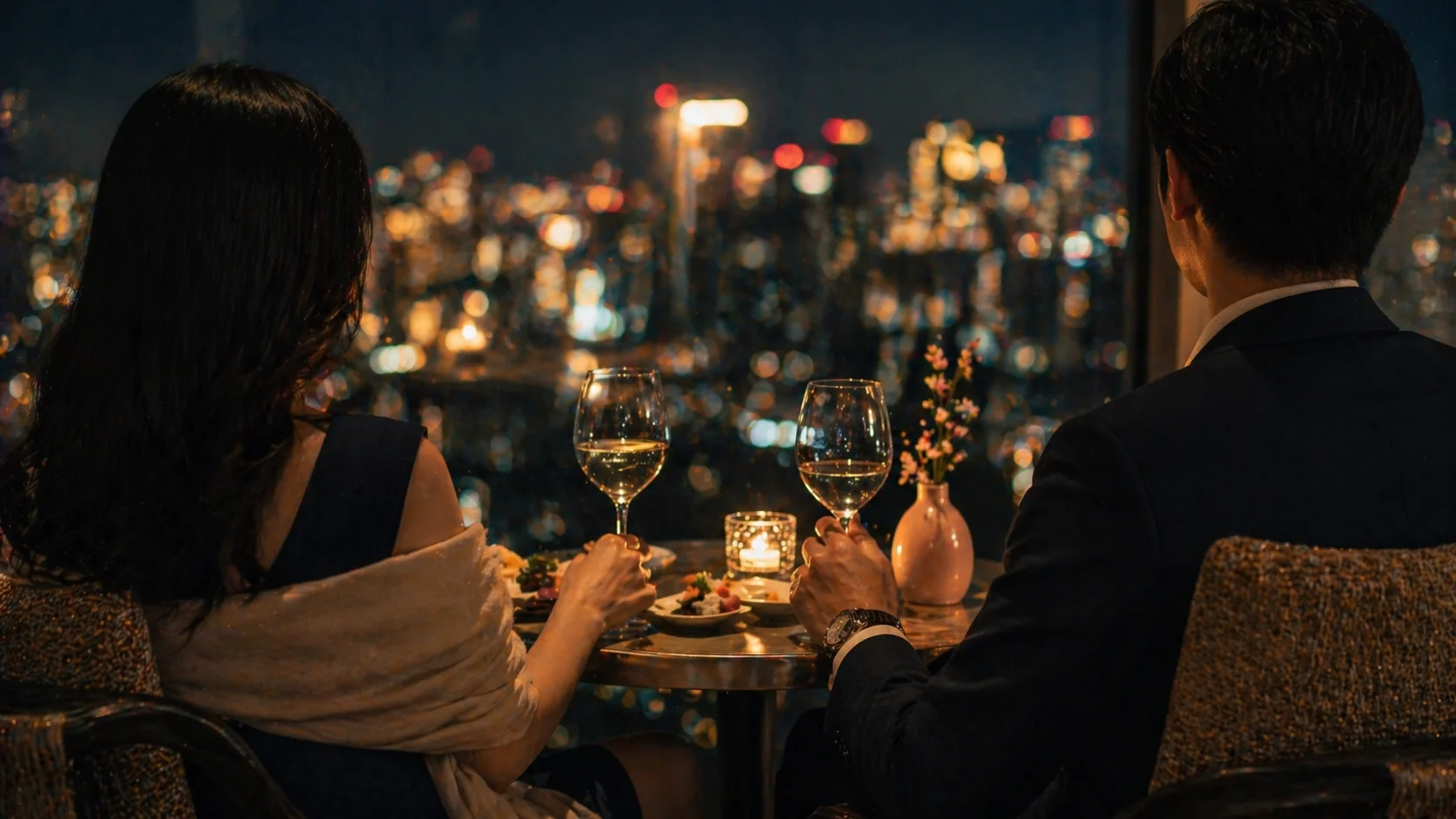 夜景を望むレストランで並んで食事を楽しむ男女