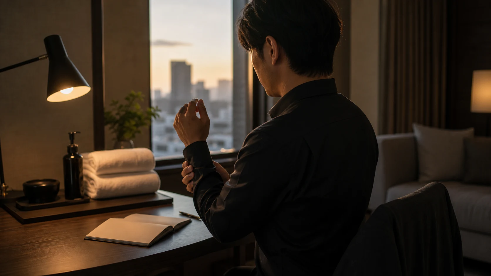 ホテル客室で準備を整える日本人男性の後ろ姿