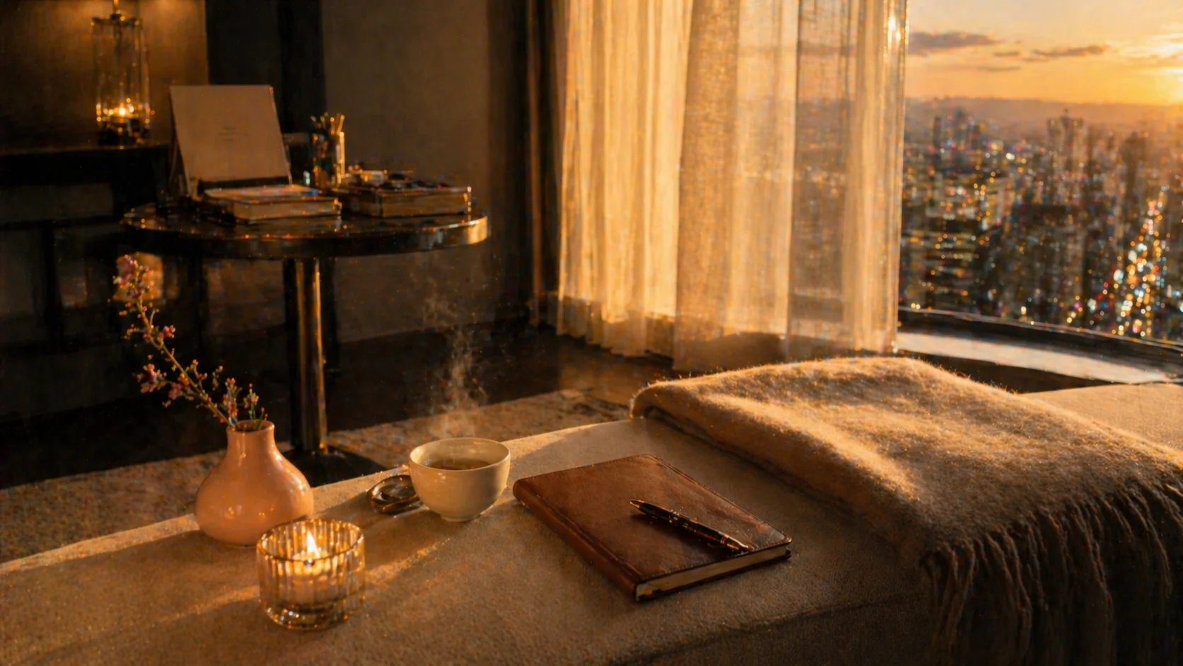 窓辺で湯気の立つ茶碗とノートが並ぶ静かな書斎風の机
